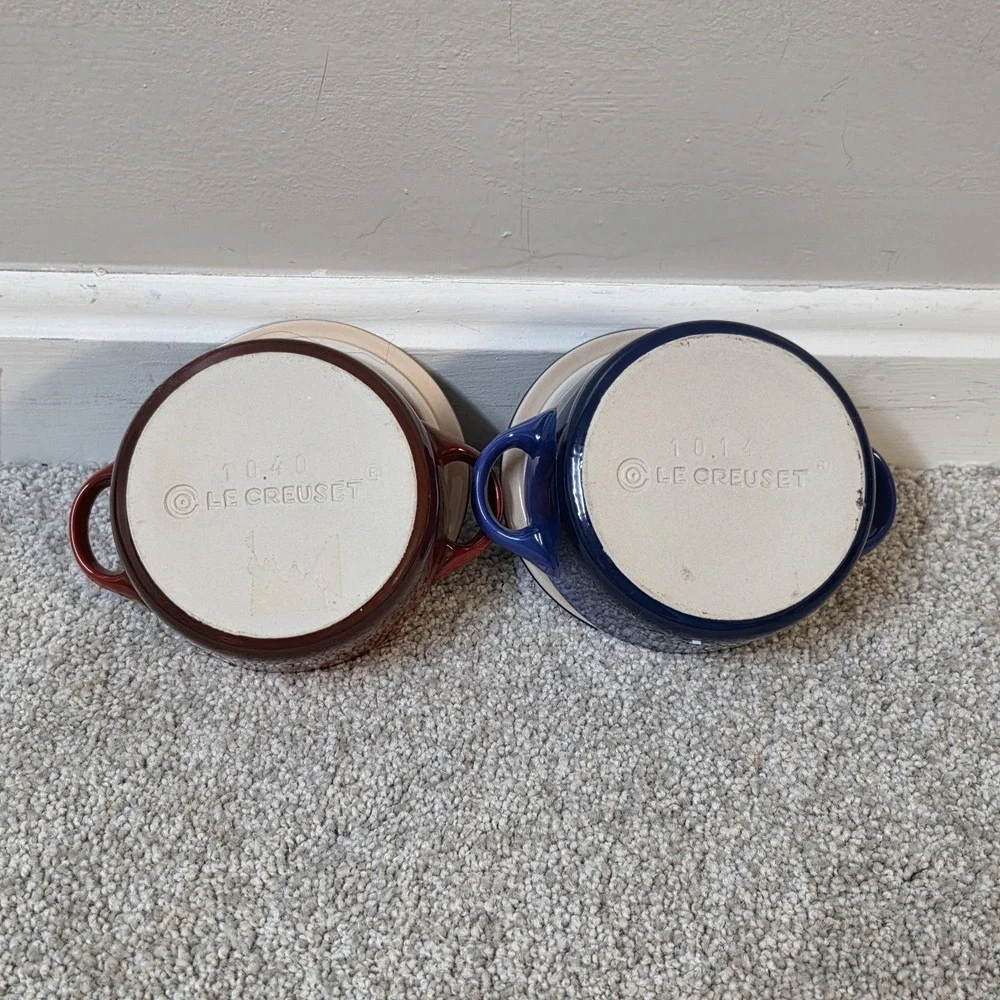 Le Creuset Mini Cocotte Set of 2 Red Blue Stoneware Lidded‎ Bakers 8 oz